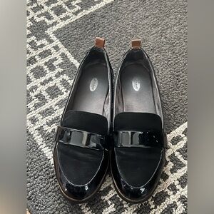 Dr. Scholl's Black Patent Slip-On Loafers with Tan Heel Tabs